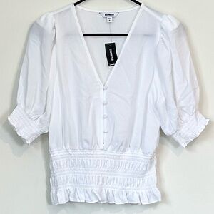 NWT Express V-Neck Smocked Waist Puff Sleeve White Blouse - Size: Small